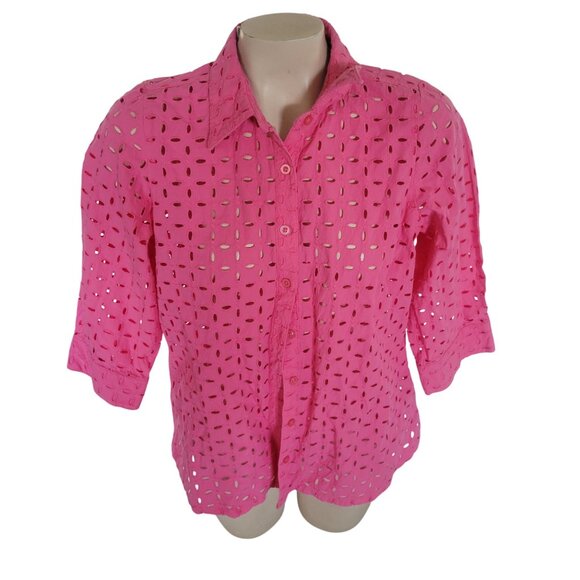 D&Co Pink Eyelet Button-Up Shirt Womens S 100% Cotton 3/4 Sleeve Collared Top - Picture 1 of 6